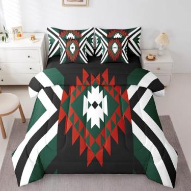 Imagem de Feelyou Conjunto de edredom tribal asteca do sudoeste, vermelho, verde, boêmio, tamanho solteiro, 7 peças, para crianças, meninos, meninas, vintage, geométrico, em uma bolsa