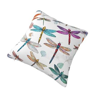Imagem de Almofada quadrada decorativa com estampa de libélula colorida - Design reversível, zíper oculto, poliéster macio para sofá, cama e carro - Hipoalergênico 56 x 56 cm