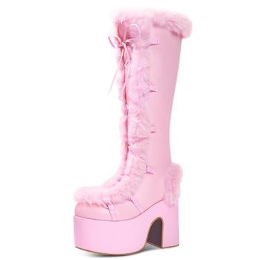 Imagem de IMPREMEY Botas de cano alto para mulheres, com zíper lateral punk gótico, botas plataforma de sola grossa.., rosa, 38