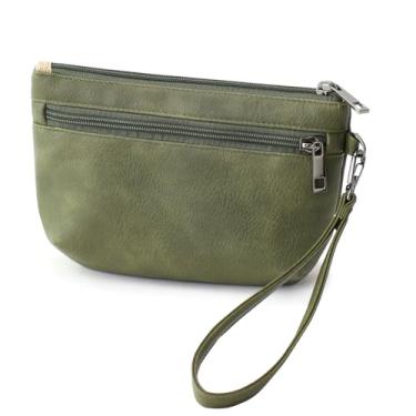 Imagem de BBORGDC Bolsa de couro feminina, bolsa clutch pequena com 3 zíperes, couro vegano boho original (verde musgo), presente de caminhada diária