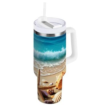Imagem de Kigai Copo térmico de 1,134 g com alça, estrela do mar e conchas de praia com tampa e canudo, garrafa de água esportiva de metal grande, caneca de café de viagem de aço inoxidável
