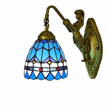 Imagem de Arandela de parede estilo Tiffany de 15 cm (6 polegadas) com vitral azul mediterrâneo, base em formato de deusa, para cabeceira, quarto, corredor e sala de estar, E27,A