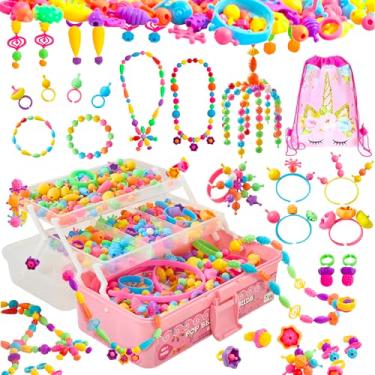Imagem de Orian Kit de joias Pop Beads para meninas – Conjunto extragrande de 850 peças com faixas de cabelo, pulseiras e anéis – Contas de pressão para crianças a partir de 3 anos, kit de joias DIY com bolsa
