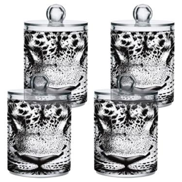 Imagem de STAYTOP 4 frascos de boticário de leopardo preto e branco com etiquetas - recipiente de armazenamento Qtip de plástico transparente para bola de algodão, cotonete, grão de café
