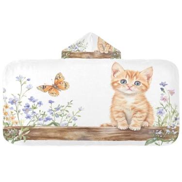 Imagem de Burbuja Toalha de banho com capuz de gatinho para crianças, toalha de praia de pelúcia macia absorvente para meninas e meninos 3-10 anos, 61 x 127 cm