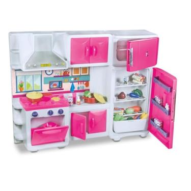 Imagem de Cozinha de Brinquedo com Geladeira, Fogão, Armários e Coifa, Rosa com Branco, Plástico, 64x18x83cm, Inclui Panelas e Utensílios, 3+ Anos
