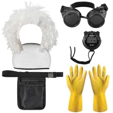 Imagem de 5 peças de acessório de fantasia de cientista louco de Halloween para adultos, peruca de cientista maluco/óculos/luva de borracha/cinto de ferramentas/cronômetro experimental, fantasia de cientista