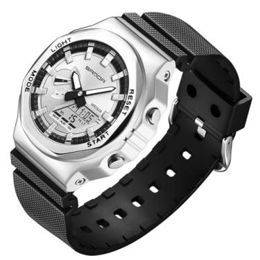 Imagem de MASTOP Relógio masculino, combinação digital/analógica japonesa, esportivo, casual, relógio de aço inoxidável, pulseira de borracha, mostrador preto, 3 ponteiros, despertador de data, cronômetro