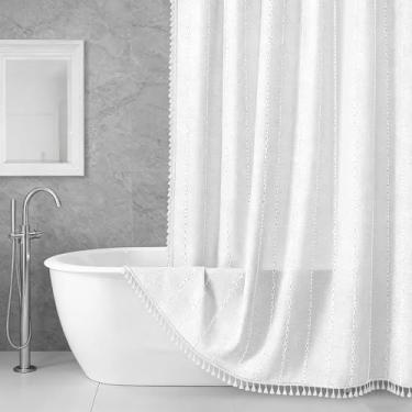 Imagem de UKQRRTC Cortina de chuveiro boho, cortinas de banho à prova d'água com borla branca com 12 ganchos de plástico, bege texturizado de 183 x 183 cm, secagem rápida, longa duração e resistente a rugas
