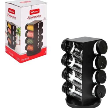 Imagem de Porta Condimentos Giratório com 8 Potes, Plástico Preto, 80ml, Base Giratória 22,5cm, Organização de Temperos para Cozinha