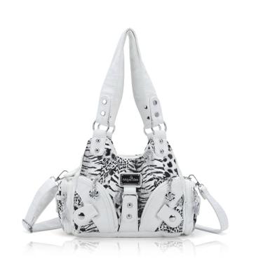 Imagem de Angel Kiss Bolsas femininas pequenas Hobo Bolsa de ombro Vagen de couro com vários bolsos com zíper, Oncinha, branco, Small