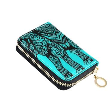 Imagem de Carteira feminina vintage azul elefante, carteira de couro para cartão de crédito, bloqueio de RFID, bolsa floral para troca de moedas com zíper