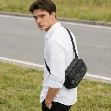 Imagem de Bolsa tiracolo masculina, bolsa transversal de 2,5 L, pequena bolsa de ombro com alça removível, impermeável, leve, casual, pochete para viagem/uso diário/caminhada/ciclismo, verde