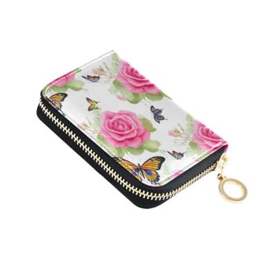 Imagem de Carteira de couro feminina com bloqueio de RFID, porta-cartões de crédito, pequena carteira masculina com bolso para moedas, rosas rosas, borboletas brancas