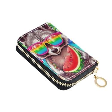 Imagem de Carteira feminina de couro com guaxinim melancia vibrante, carteira para cartão de crédito com bloqueio de RFID com zíper e bolso para moedas