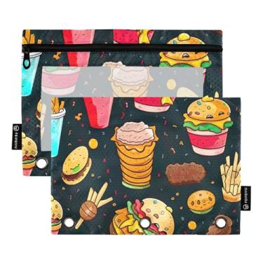 Imagem de Bolsa de lápis para estudantes, 3 anéis, fichário com zíper, bolsa para lápis, fichários escolares com zíper, bolsos transparentes, batatas fritas, hambúrguer, impressão de alimentos 25 x 18 cm, 2