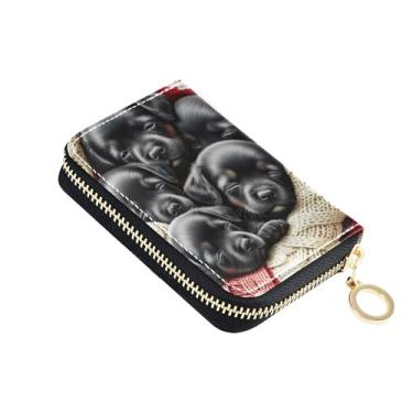 Imagem de Porta-cartões com bloqueio de RFID, carteira feminina pequena de couro com zíper, porta-chaves, cachorrinhos pretos fofos, cachorro vívido