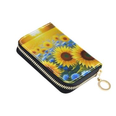 Imagem de Carteira feminina de couro, 9 compartimentos para cartão de crédito e 2 compartimentos para dinheiro, carteira de viagem com zíper vibrante amarelo girassol floral