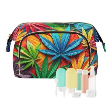 Imagem de TSENQUE Sacolas de cosméticos de grande capacidade, flores, beija-flores, bolsa organizadora com conjunto de acessórios de 9 peças, bolsa para acessórios de higiene pessoal pincéis, Folhas coloridas