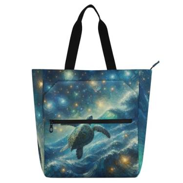 Imagem de GAIGEO Bolsa de trabalho noturna estrelada tartaruga marinha para mulheres, bolsa de lona para livros de praia, com zíper, bolsas para professores com compartimentos