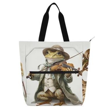 Imagem de GAIGEO Sacola feminina de trabalho de sapo de desenho animado violino músico bolsa de lona para livros de praia com zíper bolsas para professores amantes de livros