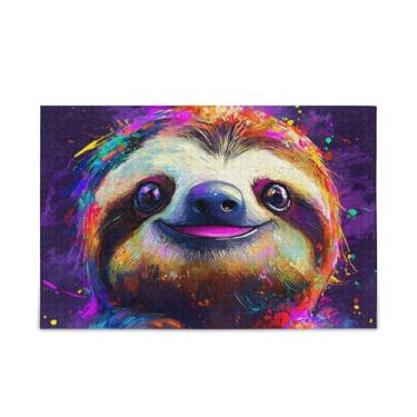 Imagem de Quebra-cabeça de 500 peças de preguiça colorida vibrante de madeira e papel com bolsa de armazenamento, quebra-cabeças exclusivos para adultos