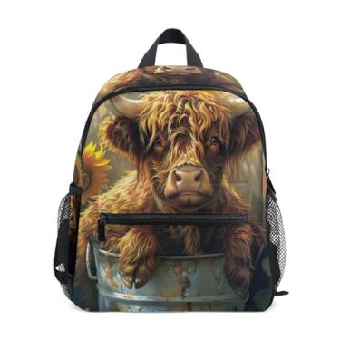 Imagem de GAIGEO Cute Calf Cow Sunflower Toddler School Backpack with Whistle, 2 Bottle Pockets, Lightweight, Kids Travel Backpack 10x4x12 In, for Ages 3-8