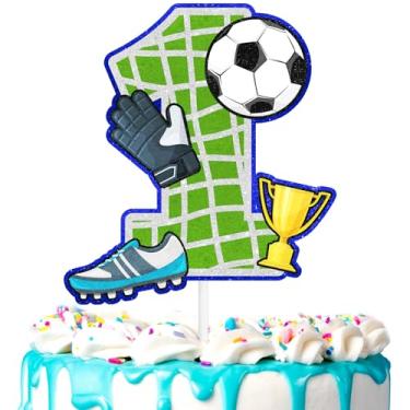 Imagem de Topo de bolo de futebol infantil 1ª bola de futebol aniversário decorações de futebol felizes, festa de aniversário de atleta menino e menina, chá de bebê, festa esportiva, suprimentos de decoração de
