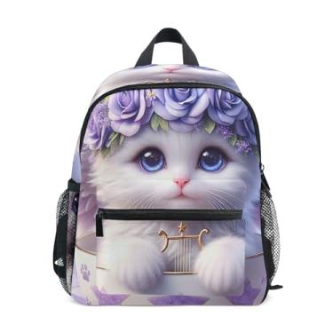 Imagem de Cute Cat Angel Kitten Floral Kids School Backpack 10x4x12 In, Girls Backpack with Water Bottle Pockets, Whistle Buckle