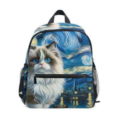 Imagem de GAIGEO Ragdoll Cat Starry Night Small Kids Backpack, 10x4x12 In, Small Backpack for Girls Includes Water Bottle Pockets, Whistle Clip for Safety