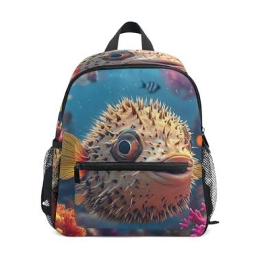 Imagem de GAIGEO Pufferfish Colorful Coral Reefs Backpacks for Kids, 10x4x12 In, Girls Small Backpack Includes Water Bottle Pockets, Whistle Clip for Safety