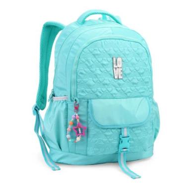 Imagem de Mochila Feminina Juvenil Escolar Chaveiro Matelassê - Denlex, Azul