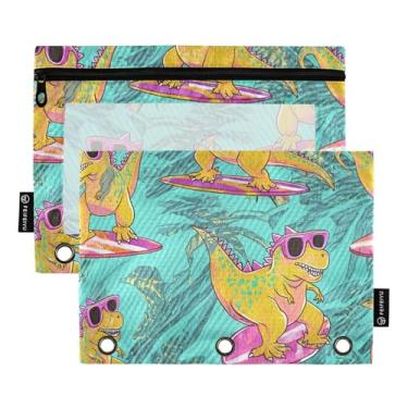 Imagem de GAIGEO Pasta feminina com 3 anéis, estojo para lápis, fichário com zíper, rosa, bolsos transparentes, desenho animado, dinossauro, surfe, engraçado, 25 x 18 cm, 2 pacotes