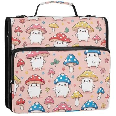 Imagem de Fichários de 3 anéis, 3 anéis, fofos, cogumelos, organizador de fichário para ensino médio com alça colorida, vários bolsos, pasta grande, 34,5 x 31,5 x 9 cm