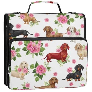 Imagem de Lindo organizador de fichário com zíper, 3 anéis, 3 anéis, cães, flores rosas, pasta de armazenamento com alça e alça para escola, 34,5 x 31,5 x 9 cm