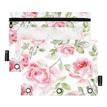 Imagem de Bolsa de lápis rosa aquarela para fichário de 3 anéis, bolsa de lápis com 3 furos, escritório, pacote com 2