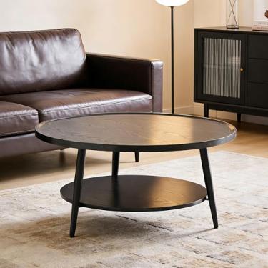 Imagem de Saint Mossi Mesa de centro moderna para sala de estar, mesa de centro redonda de madeira de meados do século, mesa central de 2 camadas para espaços pequenos, preta
