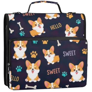 Imagem de Organizador de fichário com zíper fofo de desenho animado de cães com ossos de 3 cm, 3 anéis, bolsa de viagem resistente com alça para portfólio escolar, suporte de 500 folhas, 34,5 x 31,5 x 8,9 cm