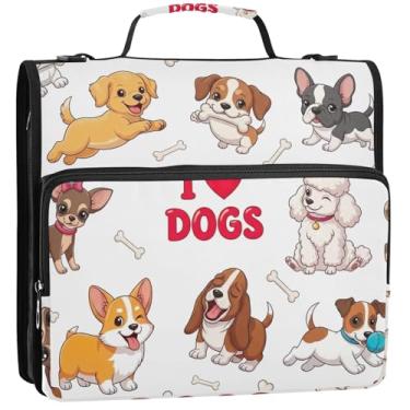 Imagem de Organizador básico de fichário com zíper de 3,8 cm, 3 anéis, portfólio e estojo fofos de cães de desenho animado, bolsa de fichário de ensino médio com alça, 34,5 x 31,5 x 9 cm