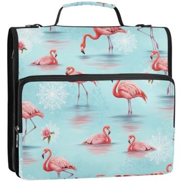 Imagem de Organizador de fichário flamingos azul com zíper com 3 argolas de 3,88 cm, bolsa escolar com alça de ombro, pasta de armazenamento com alça, 34,5 x 31,5 x 9 cm