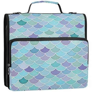 Imagem de 3 argolas de 3 anéis, escamas de sereia em aquarela, azul, com zíper, bolsa organizadora de fichários escolares com alça de ombro, carteira divertida, comporta 500 folhas com suporte 34,5 x 31,5 x 9