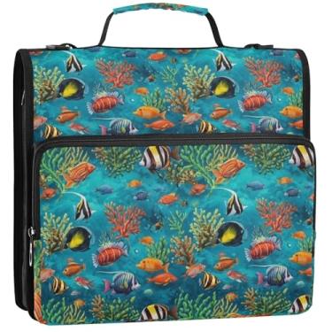 Imagem de Organizador de fichário com zíper para peixes tropicais coloridos, 3 argolas de 3,8 cm, bolsa escolar grande com alça de ombro, suporte para 500 lençóis, 34,5 x 31,5 x 9 cm