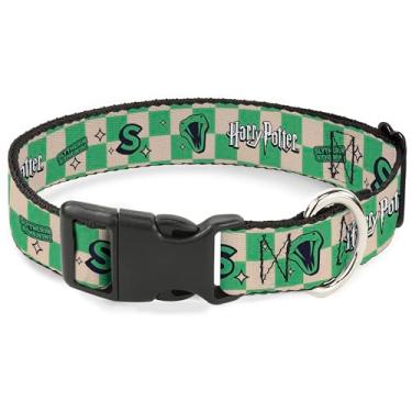 Imagem de Coleira de animal de estimação The Wizarding World of Harry Potter, coleira de cachorro, fivela de plástico, Harry Potter Slytherin Icons Checker Cream Mint, 23 a 33 cm de largura