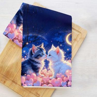 Imagem de Toalhas de cozinha românticas para casais de gatos, toalha de prato decorativa de microfibra absorvente, toalhas de mão de waffle de cena noturna de fantasia para cozinha, casa, banheiro, presentes