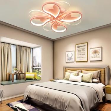 Imagem de Luminária de teto infantil LED, modelo Petal Creative, 56W, ajustável, temperatura de cor de 3000 K a 6500 K, luz noturna, ideal para quartos infantis (rosa).
