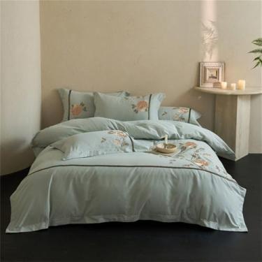 Imagem de Jogo de cama bordado com flores, em algodão escovado, com capa de edredom e lençol de baixo, cor 2, tamanho King (220x240cm), 4 peças.