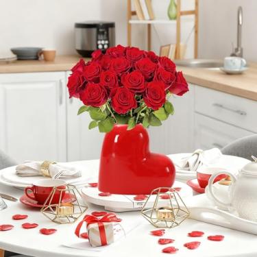 Imagem de JarThenaAMCS Vaso de cerâmica para o dia dos namorados, lindo vaso de flores em formato de coração vermelho para decoração de mesa de centro de mesa de festa em casa e jardim