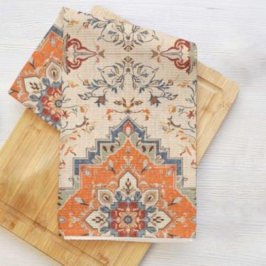 Imagem de Toalhas de cozinha com padrão floral vintage, boho vintage flor estética decorativa toalha de prato de microfibra absorvente toalha de chá, toalhas de mão laranja azul para casa de fazenda casa de