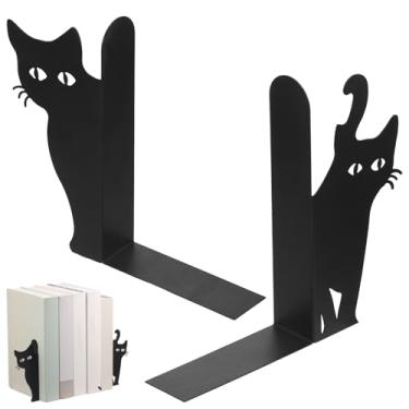 Imagem de Conjunto de 2 suportes de livros de metal para gatos espiando, suporte de metal estável para gatos espiando com tinta spray à prova de ferrugem, suportes de livros criativos para guardar arquivos e