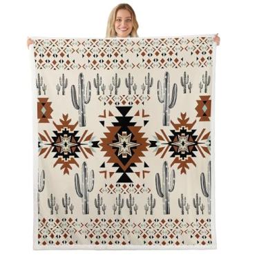 Imagem de Feelyou Cobertor de lã asteca do sudoeste geométrico vintage sherpa cobertor para crianças pelúcia felpudo rústico cacto ocidental 127 x 152 cm boêmio boho tribal para cama sofá cadeira marrom preto